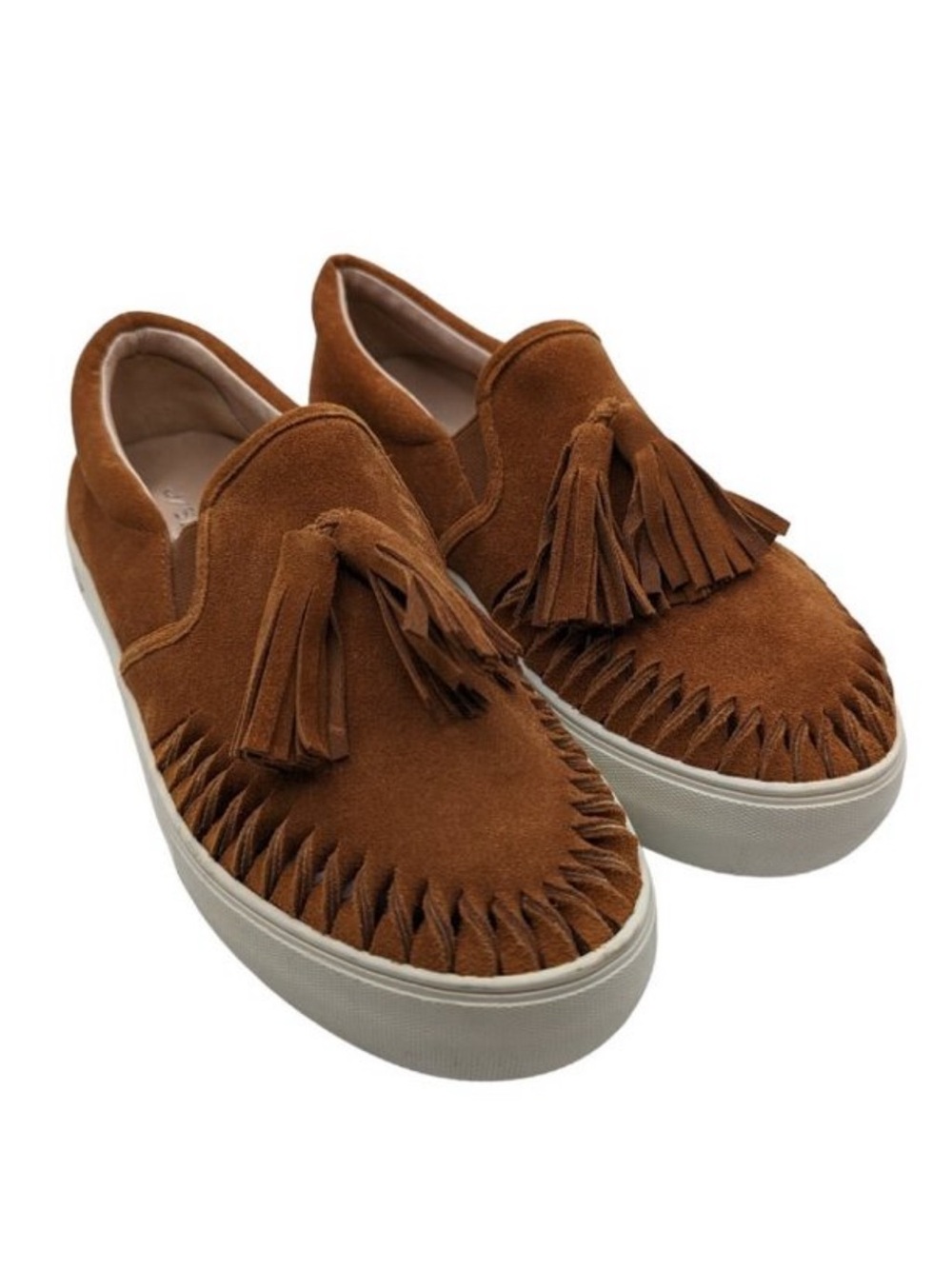 J/Slides Aztec Brown Suede Tasseled Slip On Sneakers, Size 9